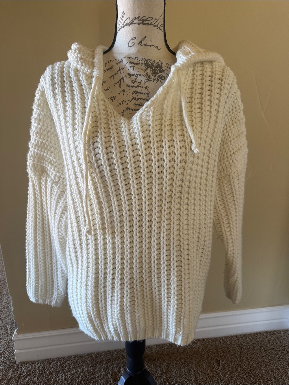 POL Cream Chunky V-Neck Drawstring Hooded Sweater